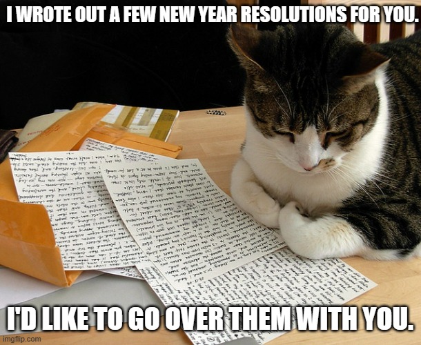 meme by Brad cat writing New Years resolutions | I WROTE OUT A FEW NEW YEAR RESOLUTIONS FOR YOU. I'D LIKE TO GO OVER THEM WITH YOU. | image tagged in cats,cat,new years,new years resolutions,humor | made w/ Imgflip meme maker