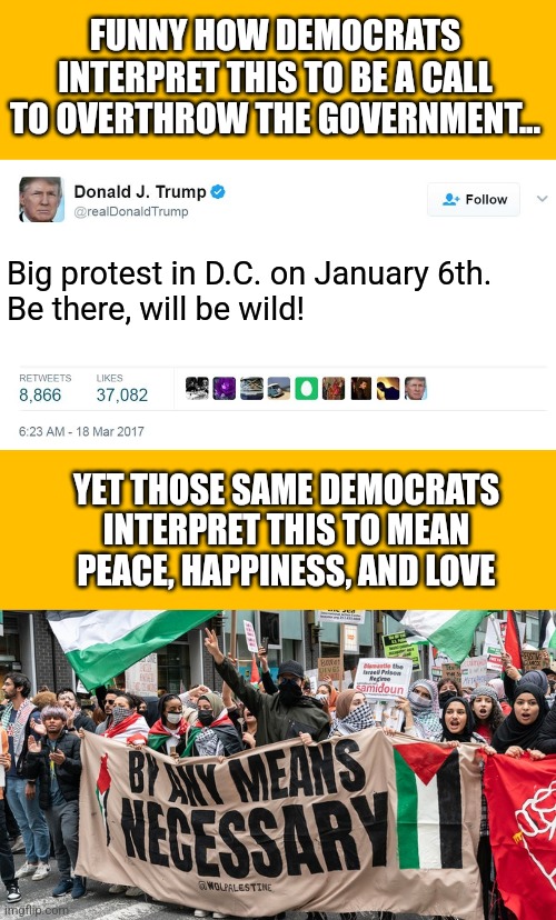 For 2024, maybe Democrats will figure out how to read? Maybe? | FUNNY HOW DEMOCRATS INTERPRET THIS TO BE A CALL TO OVERTHROW THE GOVERNMENT... Big protest in D.C. on January 6th. 
Be there, will be wild! YET THOSE SAME DEMOCRATS INTERPRET THIS TO MEAN PEACE, HAPPINESS, AND LOVE | image tagged in trump tweet blank,liberal hypocrisy,the truth is out there,democrats,big brain time,brainwashing | made w/ Imgflip meme maker
