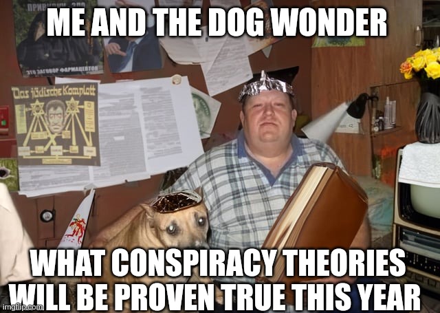 conspiracy theories | ME AND THE DOG WONDER; WHAT CONSPIRACY THEORIES WILL BE PROVEN TRUE THIS YEAR | image tagged in conspiracy theories | made w/ Imgflip meme maker