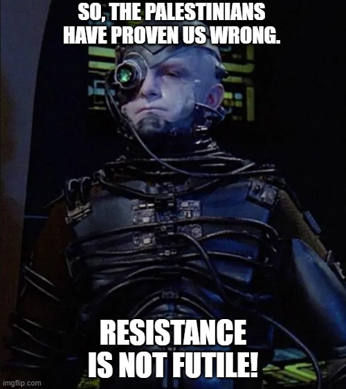 Resistance | SO, THE PALESTINIANS HAVE PROVEN US WRONG. RESISTANCE IS NOT FUTILE! | image tagged in borg,star trek,palestine,israel,war,rebel | made w/ Imgflip meme maker