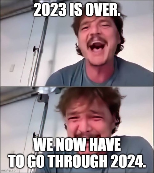 Me sad now. | 2023 IS OVER. WE NOW HAVE TO GO THROUGH 2024. | image tagged in pedro pascal | made w/ Imgflip meme maker