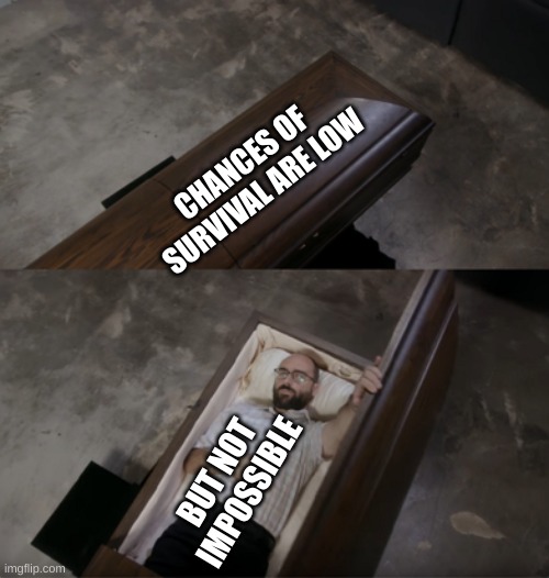 Vsauce opening coffin | CHANCES OF SURVIVAL ARE LOW; BUT NOT IMPOSSIBLE | image tagged in vsauce opening coffin | made w/ Imgflip meme maker