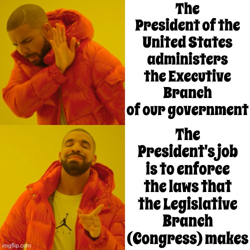 Congress Is Divided Between Two House Chambers. The Upper House Is The Senate. The Lower House Is The House of Representatives | The President of the United States administers the Executive Branch of our government; The President's job is to enforce the laws that the Legislative Branch (Congress) makes | image tagged in memes,drake hotline bling,house of representatives,senate,congress,us government | made w/ Imgflip meme maker