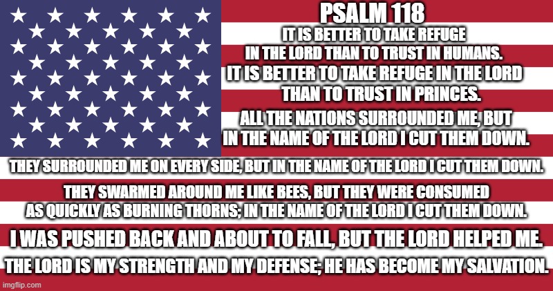 Psalm 118 8-14 | PSALM 118; IT IS BETTER TO TAKE REFUGE IN THE LORD THAN TO TRUST IN HUMANS. IT IS BETTER TO TAKE REFUGE IN THE LORD
    THAN TO TRUST IN PRINCES. ALL THE NATIONS SURROUNDED ME, BUT IN THE NAME OF THE LORD I CUT THEM DOWN. THEY SURROUNDED ME ON EVERY SIDE, BUT IN THE NAME OF THE LORD I CUT THEM DOWN. THEY SWARMED AROUND ME LIKE BEES, BUT THEY WERE CONSUMED AS QUICKLY AS BURNING THORNS; IN THE NAME OF THE LORD I CUT THEM DOWN. I WAS PUSHED BACK AND ABOUT TO FALL, BUT THE LORD HELPED ME. THE LORD IS MY STRENGTH AND MY DEFENSE; HE HAS BECOME MY SALVATION. | image tagged in psalm 118,lord is become my salvation | made w/ Imgflip meme maker