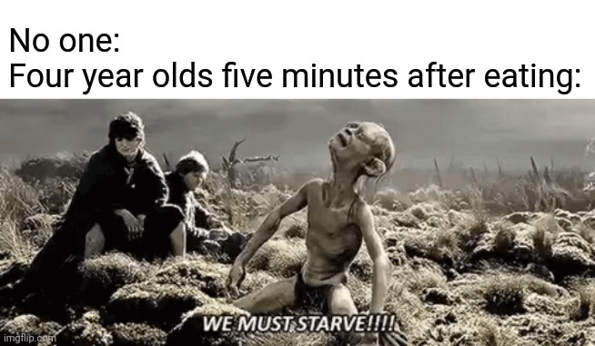 gollum we must starve | No one:
Four year olds five minutes after eating: | image tagged in gollum we must starve | made w/ Imgflip meme maker