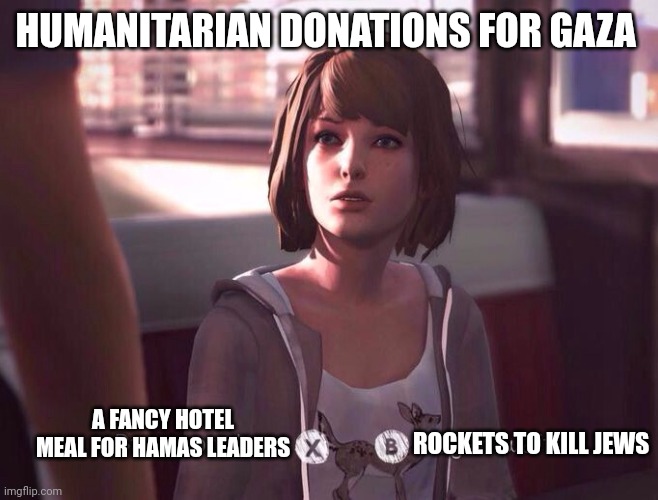 life is strange | HUMANITARIAN DONATIONS FOR GAZA; ROCKETS TO KILL JEWS; A FANCY HOTEL MEAL FOR HAMAS LEADERS | image tagged in life is strange,politics,palestine,israel,terrorism,news | made w/ Imgflip meme maker
