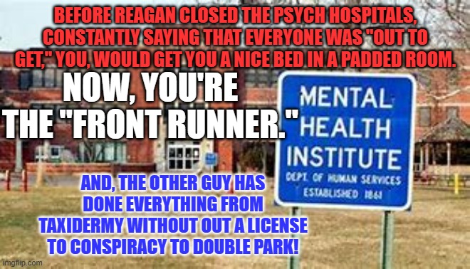 Maybe they are "Out to Get," you because you need to be "Got!" | BEFORE REAGAN CLOSED THE PSYCH HOSPITALS, CONSTANTLY SAYING THAT EVERYONE WAS "OUT TO GET," YOU, WOULD GET YOU A NICE BED IN A PADDED ROOM. NOW, YOU'RE THE "FRONT RUNNER."; AND, THE OTHER GUY HAS DONE EVERYTHING FROM TAXIDERMY WITHOUT OUT A LICENSE TO CONSPIRACY TO DOUBLE PARK! | image tagged in politics | made w/ Imgflip meme maker