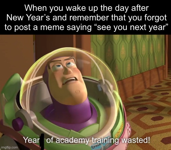 GOSH DARN IT I FORGOT!! | When you wake up the day after New Year’s and remember that you forgot to post a meme saying “see you next year” | image tagged in years of academy training wasted | made w/ Imgflip meme maker