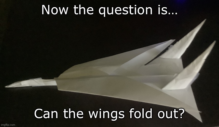 TomTomTomTomTom | Now the question is…; Can the wings fold out? | image tagged in paper jet | made w/ Imgflip meme maker