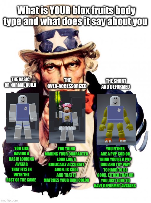 Uncle Sam Meme | What is YOUR blox fruits body type and what does it say about you; THE OVER-ACCESSORIZED; THE BASIC OR NORMAL BUILD; THE SHORT AND DEFORMED; YOU THINK MAKING YOUR CHARACTER LOOK LIKE A BIBLICALLY ACCURATE ANGEL IS COOL AND THAT IT MATCHES YOUR HAKI COLOR; YOU LIKE HAVING A BASIC LOOKING AVATAR THAT FITS IN WITH THE REST OF THE GAME; YOU EITHER ARE A PVP GOD OR THINK YOU’RE A PVP GOD AND TRY WAY TO HARD TO BE GOOD. EITHER THAT OR YOU JUST LOVE TO HAVE DEFORMED AVATARS | image tagged in memes,uncle sam | made w/ Imgflip meme maker