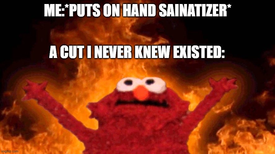 INSPERATION | ME:*PUTS ON HAND SAINATIZER*; A CUT I NEVER KNEW EXISTED: | image tagged in elmo fire | made w/ Imgflip meme maker