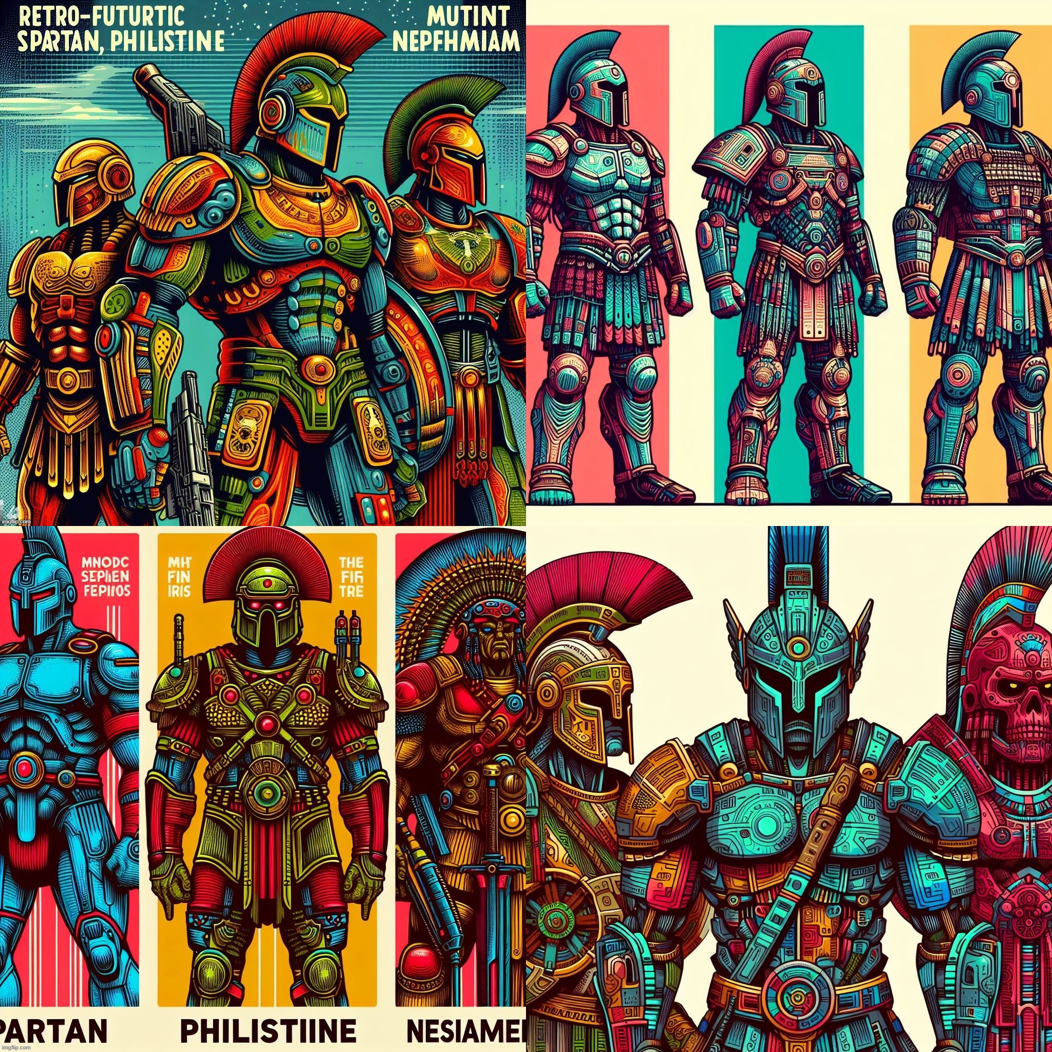 Ai Bing: Retro-Futuristic Spartan, Philistine, and MesoAmerican themed armor worn by Mutant Nephilim Giants. | image tagged in ai generated,spartan,philistine,mesoamerican,retrofuturistic,nephilim | made w/ Imgflip meme maker