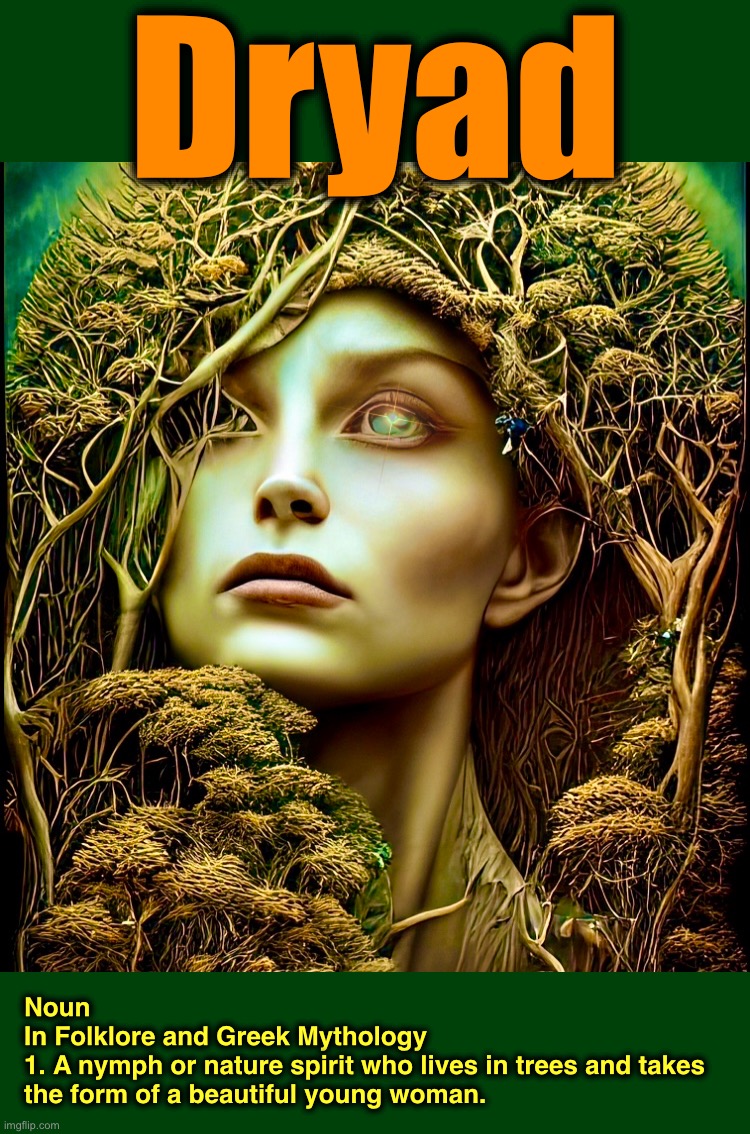 Word of the Day “D” | Dryad; Noun
In Folklore and Greek Mythology
1. A nymph or nature spirit who lives in trees and takes the form of a beautiful young woman. | image tagged in dryad,word of the day,memes,mythology,spirit,beautiful nature | made w/ Imgflip meme maker