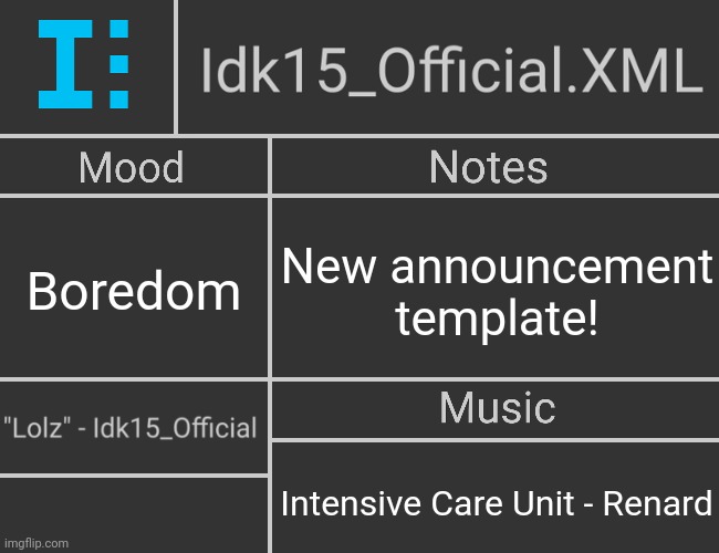 Idk15_Official.XML's 2nd Revived Template | Boredom; New announcement template! Intensive Care Unit - Renard | image tagged in idk15_official xml's revived template | made w/ Imgflip meme maker
