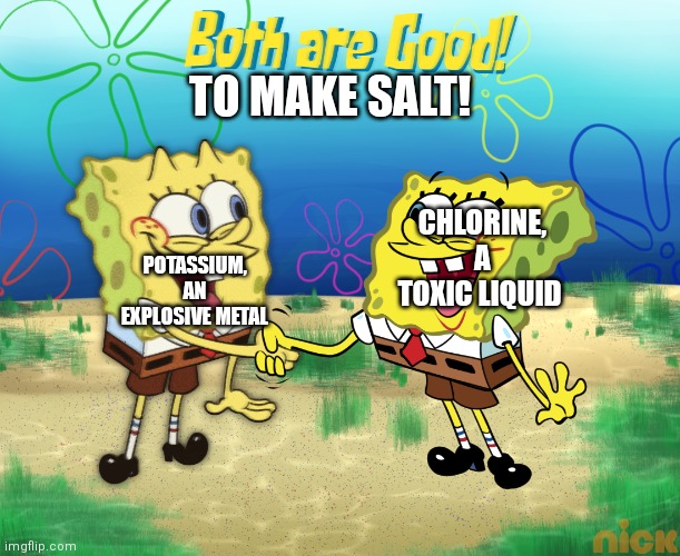 [Huuugh] + [BOOOM] = [adds it to food] | TO MAKE SALT! POTASSIUM, AN EXPLOSIVE METAL; CHLORINE, A TOXIC LIQUID | image tagged in both are good,memes,chlorine,potassium,salt | made w/ Imgflip meme maker