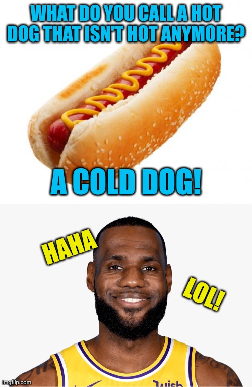 WHAT DO YOU CALL A HOT DOG THAT ISN'T HOT ANYMORE? A COLD DOG! HAHA; LOL! | image tagged in hot dog,smiling lebron | made w/ Imgflip meme maker