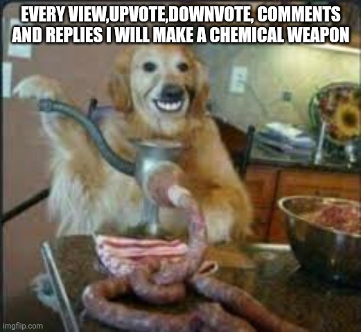 MEAT DOG | EVERY VIEW,UPVOTE,DOWNVOTE, COMMENTS AND REPLIES I WILL MAKE A CHEMICAL WEAPON | image tagged in meat dog,memes,cursed image,not upvote begging,chemicals,weapons | made w/ Imgflip meme maker