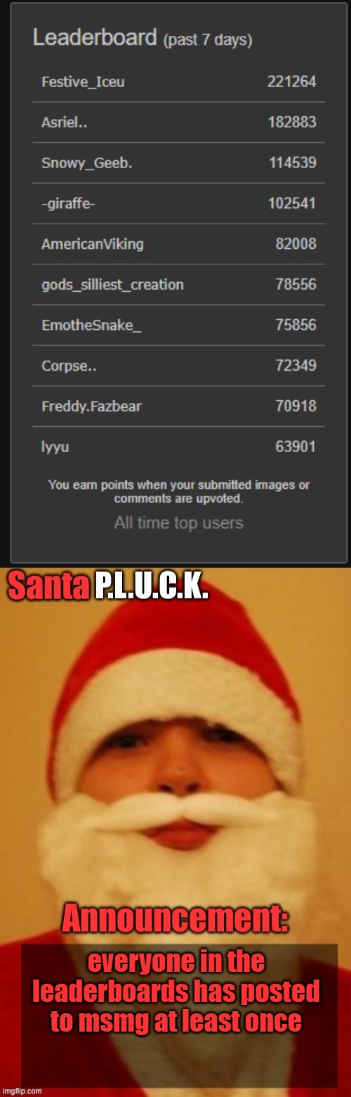 everyone in the leaderboards has posted to msmg at least once | image tagged in santapluck announcement | made w/ Imgflip meme maker