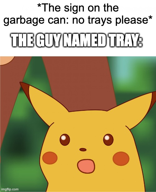 No trays please | THE GUY NAMED TRAY:; *The sign on the garbage can: no trays please* | image tagged in surprised pikachu high quality | made w/ Imgflip meme maker