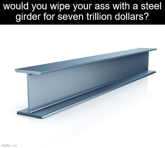 I'd do it for 10 dollars | would you wipe your ass with a steel
girder for seven trillion dollars? | image tagged in wiping,steel girder,money,fart,funny,memes | made w/ Imgflip meme maker