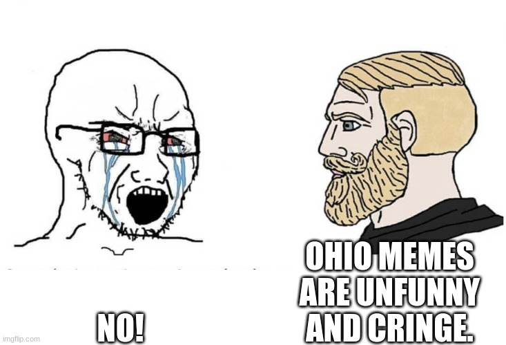 Soyboy Vs Yes Chad | NO! OHIO MEMES ARE UNFUNNY AND CRINGE. | image tagged in soyboy vs yes chad | made w/ Imgflip meme maker