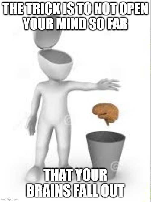 throwing out brain | THE TRICK IS TO NOT OPEN
YOUR MIND SO FAR THAT YOUR BRAINS FALL OUT | image tagged in throwing out brain | made w/ Imgflip meme maker