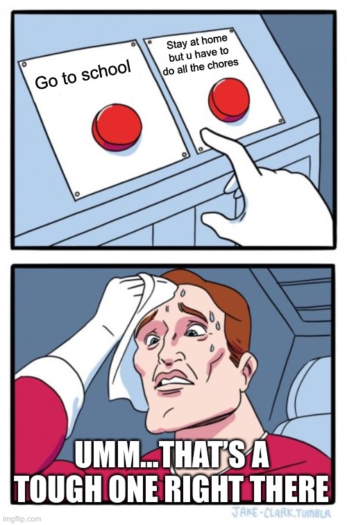 A really tough decision… | Stay at home but u have to do all the chores; Go to school; UMM…THAT’S A TOUGH ONE RIGHT THERE | image tagged in memes,two buttons | made w/ Imgflip meme maker