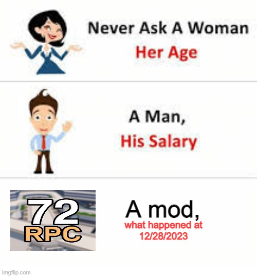 the respect rule (again) | A mod, what happened at
12/28/2023 | image tagged in never ask a woman her age | made w/ Imgflip meme maker