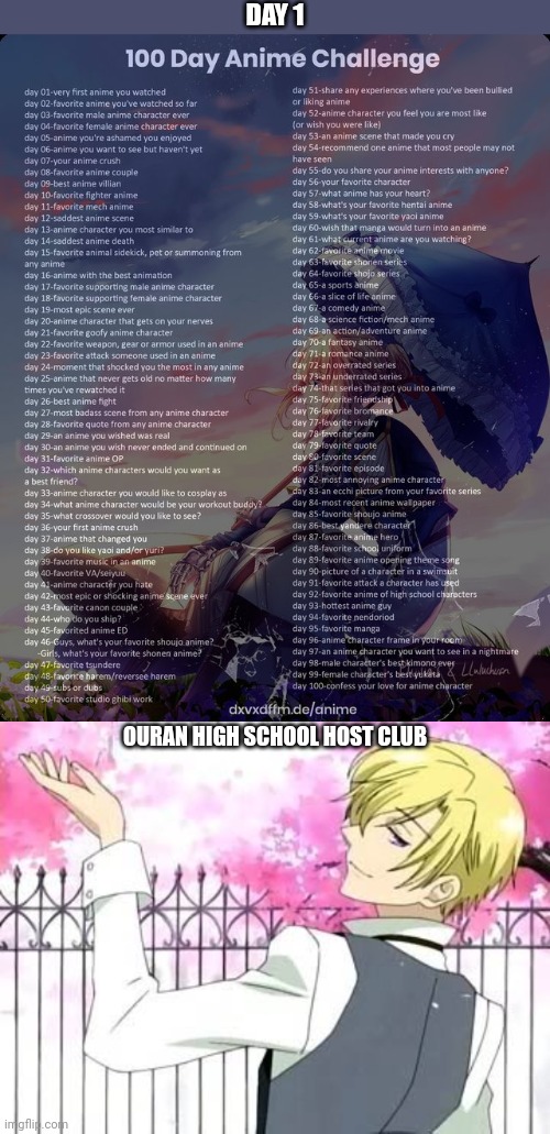 DAY 1; OURAN HIGH SCHOOL HOST CLUB | image tagged in 100 day anime challenge,tamaki suoh | made w/ Imgflip meme maker