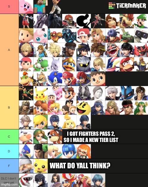 Here come the hate comments :D | I GOT FIGHTERS PASS 2, SO I MADE A NEW TIER LIST; WHAT DO YALL THINK? | image tagged in fun,memes,tier list,super smash bros | made w/ Imgflip meme maker