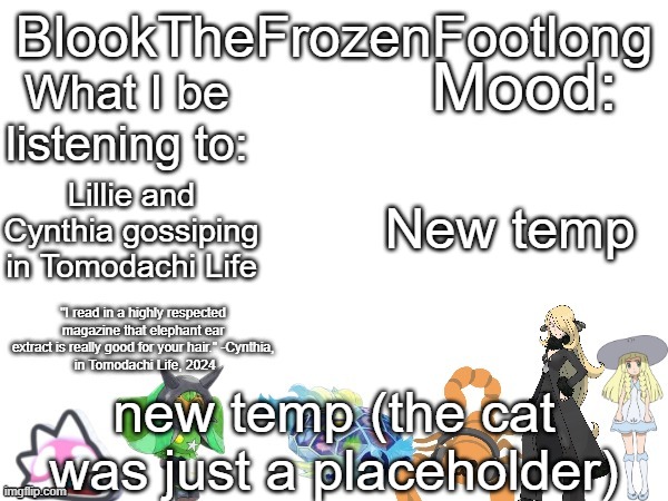 Blook's (toadette cynthia lillie and lots more) Template! | New temp; Lillie and Cynthia gossiping in Tomodachi Life; new temp (the cat was just a placeholder) | image tagged in blook's toadette cynthia lillie and lots more template | made w/ Imgflip meme maker