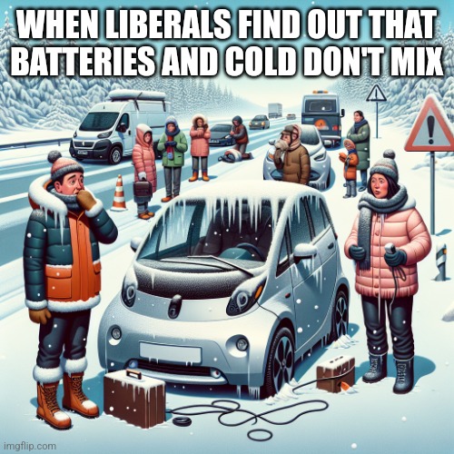 WHEN LIBERALS FIND OUT THAT BATTERIES AND COLD DON'T MIX | image tagged in funny memes | made w/ Imgflip meme maker