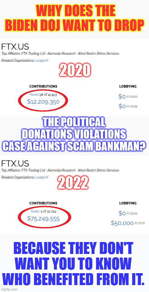 Another prime example of the American JustUs System | WHY DOES THE BIDEN DOJ WANT TO DROP; 2020; THE POLITICAL DONATIONS VIOLATIONS CASE AGAINST SCAM BANKMAN? 2022; BECAUSE THEY DON'T WANT YOU TO KNOW WHO BENEFITED FROM IT. | image tagged in crooked biden doj,sam bankman fried,deep state money laundering,corrupt dc swamp,liberals turning a blind eye | made w/ Imgflip meme maker