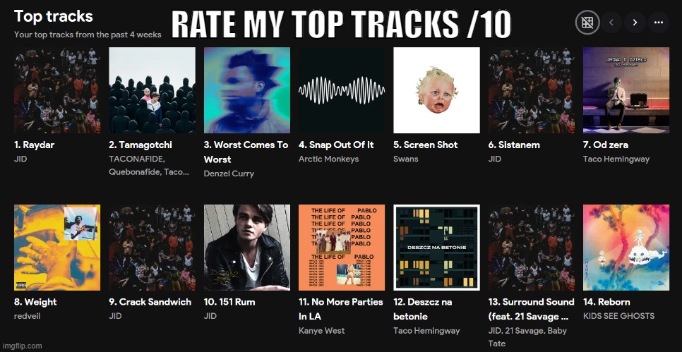 ignore nr 7 please i beg you | RATE MY TOP TRACKS /10 | made w/ Imgflip meme maker