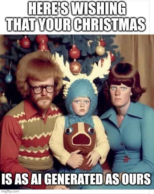 Christmas wishes | HERE'S WISHING THAT YOUR CHRISTMAS; IS AS AI GENERATED AS OURS | image tagged in christmas meme | made w/ Imgflip meme maker