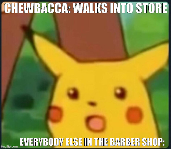 wow | CHEWBACCA: WALKS INTO STORE; EVERYBODY ELSE IN THE BARBER SHOP: | image tagged in surprised pikachu | made w/ Imgflip meme maker
