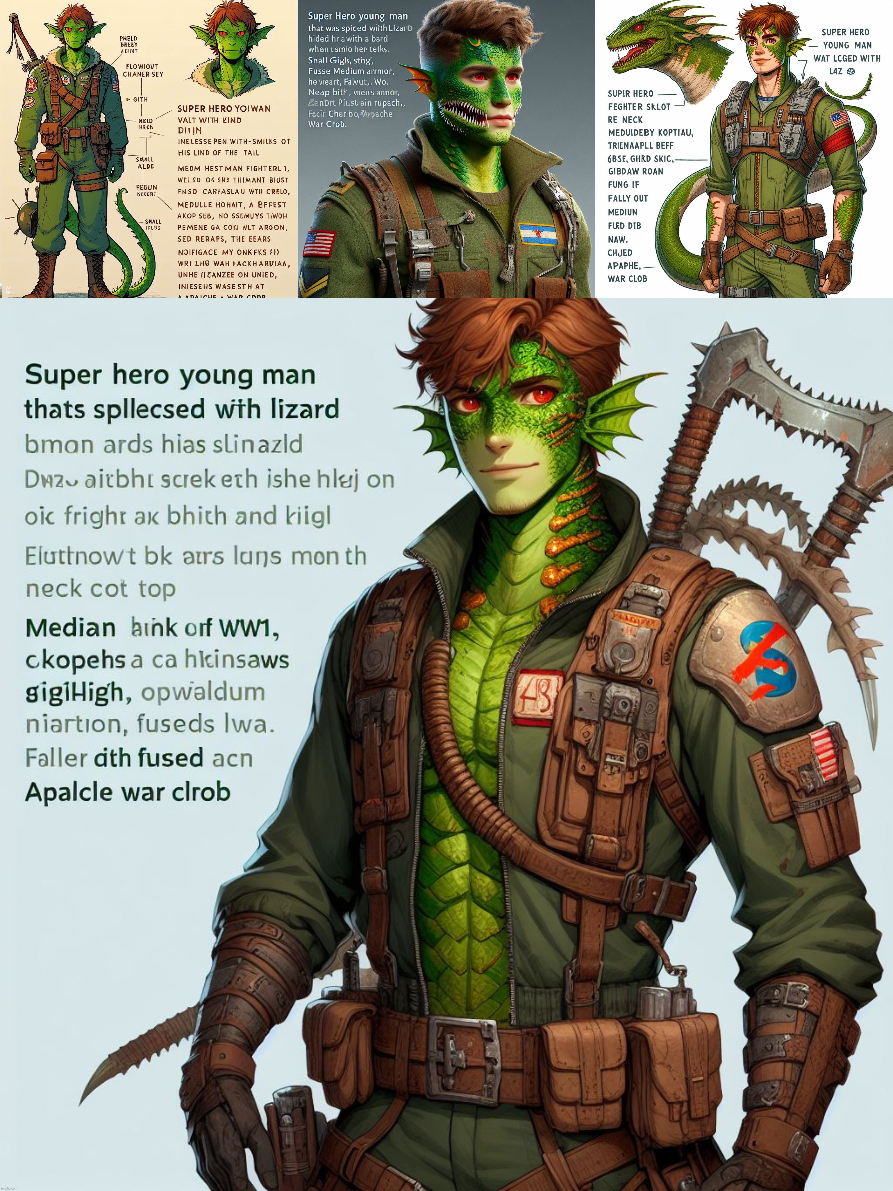 Ai Bing: Described my OC, Karl Acevedo. Young man spliced with lizard. Bottom one got 85-90% right/close enough. | image tagged in ai generated,anthro,original character,lizard,ww1,mutant | made w/ Imgflip meme maker