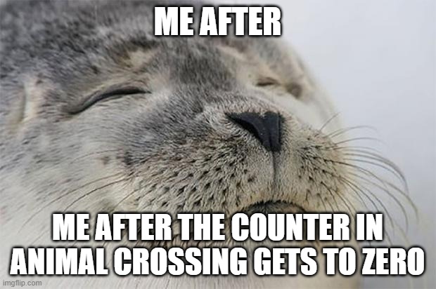 happy new year everyone | ME AFTER; ME AFTER THE COUNTER IN ANIMAL CROSSING GETS TO ZERO | image tagged in memes,satisfied seal,happy new year,animal crossing,stop reading the tags | made w/ Imgflip meme maker