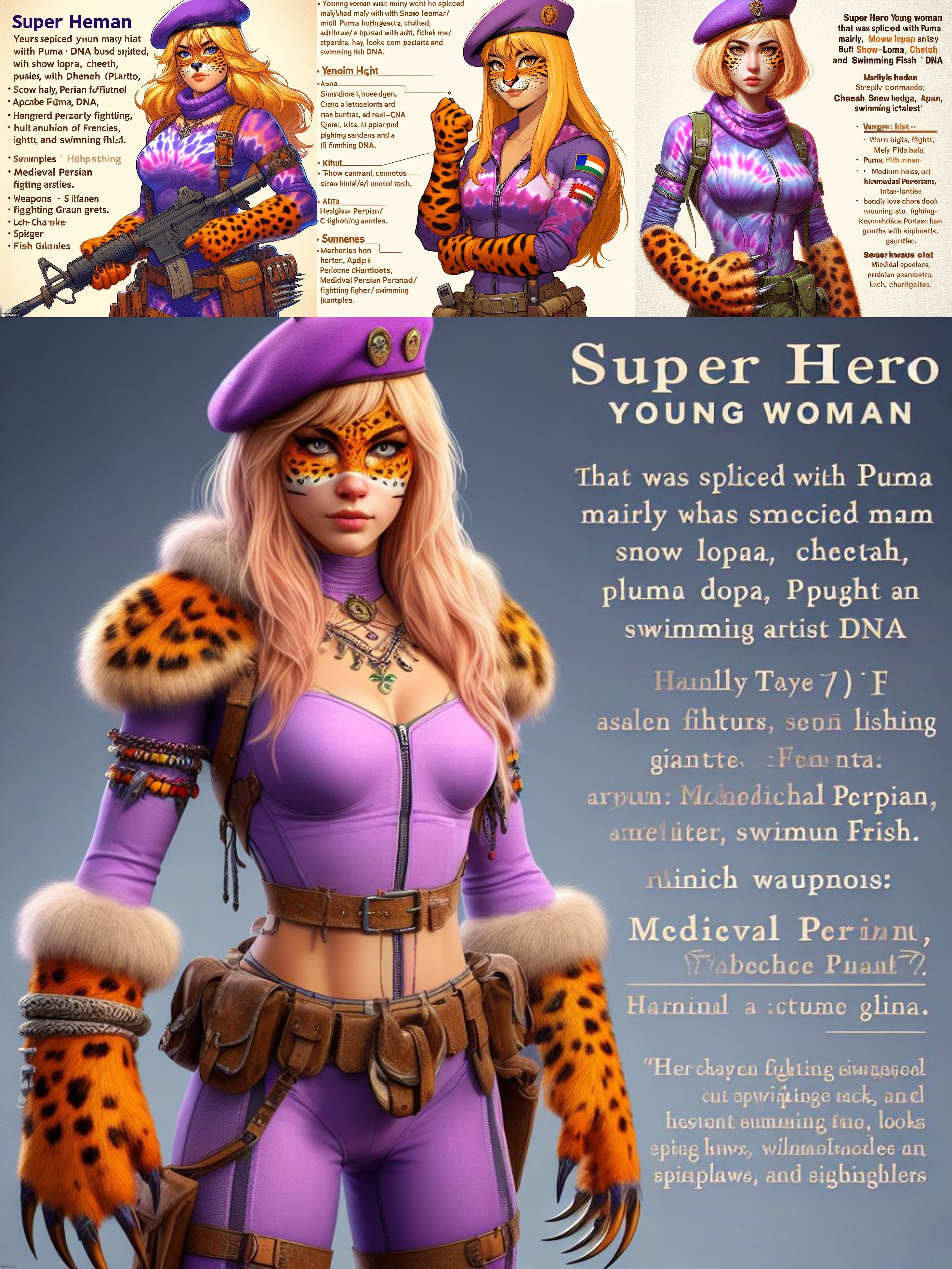 Ai Bing: my OC Kat (short for Zakat, Kathryn Mercado). Spliced with Puma, Cheetah, Snow Leopard and swimming cat DNA. | image tagged in ai generated,anthro,original character,superhero,furry,french | made w/ Imgflip meme maker