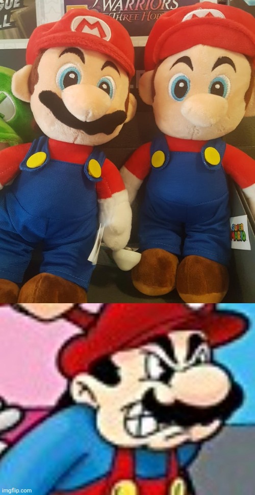 The Mario on the right | image tagged in mario is angry with you,mario,mustache,you had one job,memes,stuffed toy | made w/ Imgflip meme maker