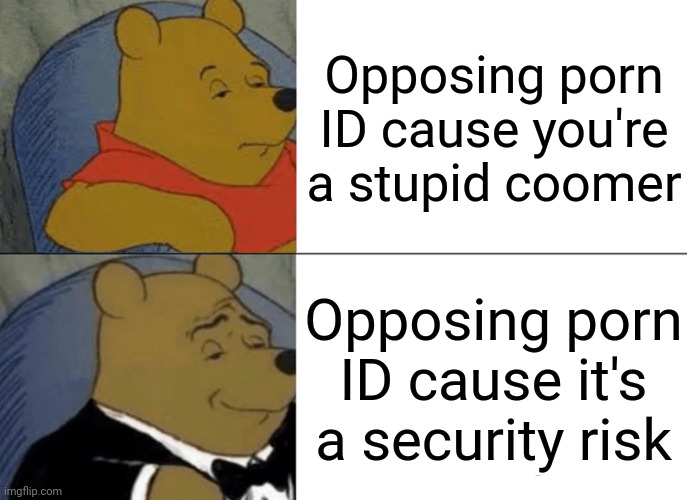 Tuxedo Winnie The Pooh Meme | Opposing porn ID cause you're a stupid coomer; Opposing porn ID cause it's a security risk | image tagged in tuxedo winnie the pooh,porn,porn id,security,coomers,disney | made w/ Imgflip meme maker
