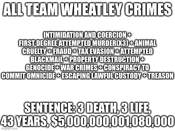 INTIMIDATION AND COERCION + FIRST DEGREE ATTEMPTED MURDER(X3) + ANIMAL CRUELTY + FRAUD + TAX EVASION + ATTEMPTED BLACKMAIL + PROPERTY DESTRUCTION + GENOCIDE + WAR CRIMES + CONSPIRACY TO COMMIT OMNICIDE + ESCAPING LAWFUL CUSTODY + TREASON; ALL TEAM WHEATLEY CRIMES; SENTENCE: 3 DEATH, 3 LIFE, 43 YEARS, $5,000,000,001,080,000 | made w/ Imgflip meme maker