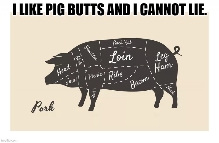 Porky | I LIKE PIG BUTTS AND I CANNOT LIE. | image tagged in pork | made w/ Imgflip meme maker
