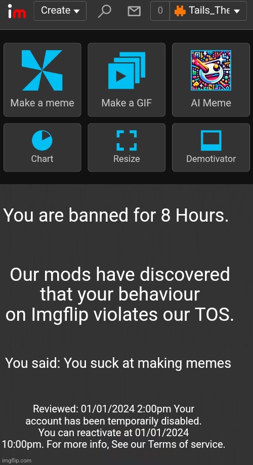 You are banned for 8 Hours. Our mods have discovered that your behaviour on Imgflip violates our TOS. You said: You suck at making memes Rev | made w/ Imgflip meme maker