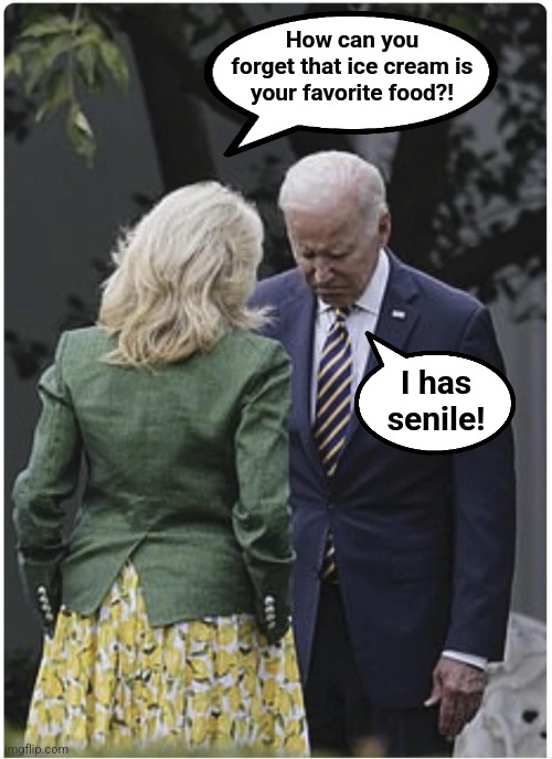 Jill scolds Joe Biden and he pouts | How can you
forget that ice cream is
your favorite food?! I has
senile! | image tagged in jill scolds joe biden and he pouts,democrats,ice cream,dementia,senile creep,election 2024 | made w/ Imgflip meme maker