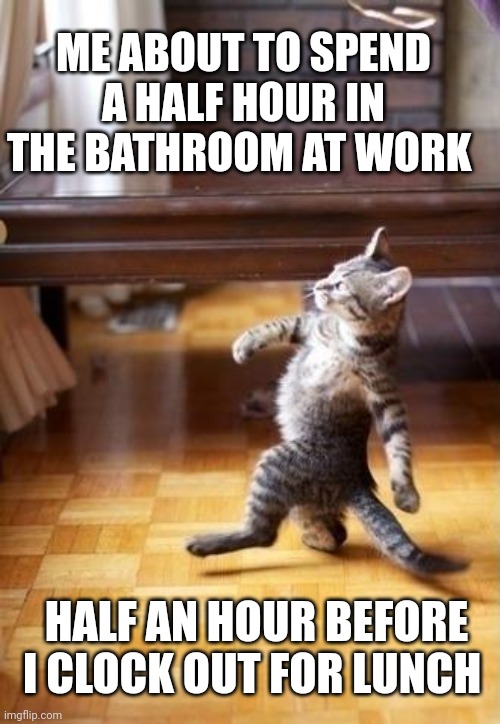 Cool Cat Stroll | ME ABOUT TO SPEND A HALF HOUR IN THE BATHROOM AT WORK; HALF AN HOUR BEFORE I CLOCK OUT FOR LUNCH | image tagged in memes,cool cat stroll | made w/ Imgflip meme maker