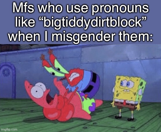 . | Mfs who use pronouns like “bigtiddydirtblock” when I misgender them: | image tagged in mr krabs choking patrick | made w/ Imgflip meme maker