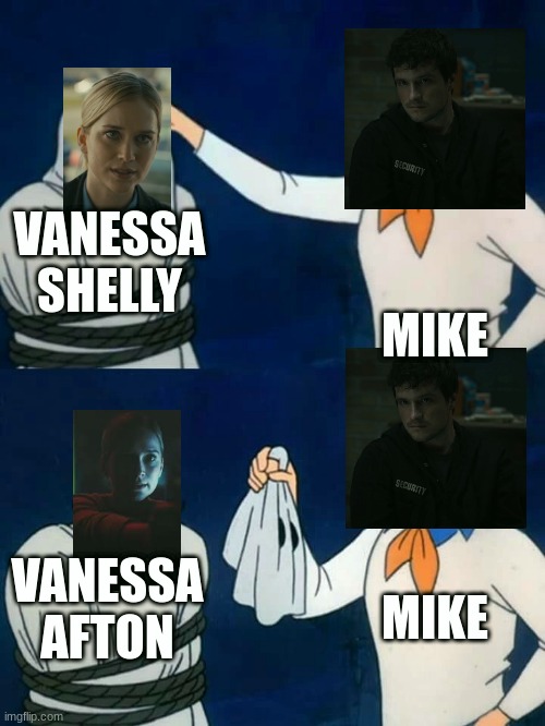 FNAF movie | VANESSA SHELLY; MIKE; MIKE; VANESSA AFTON | image tagged in scooby doo mask reveal | made w/ Imgflip meme maker