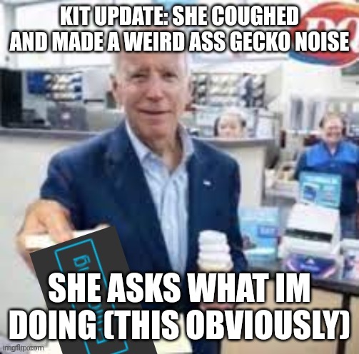 joe biden following | KIT UPDATE: SHE COUGHED AND MADE A WEIRD ASS GECKO NOISE; SHE ASKS WHAT IM DOING (THIS OBVIOUSLY) | image tagged in joe biden following | made w/ Imgflip meme maker