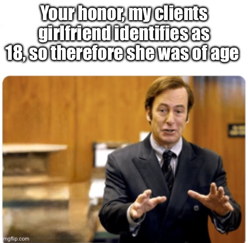 Your honour, my client | Your honor, my clients girlfriend identifies as 18, so therefore she was of age | image tagged in your honour my client | made w/ Imgflip meme maker